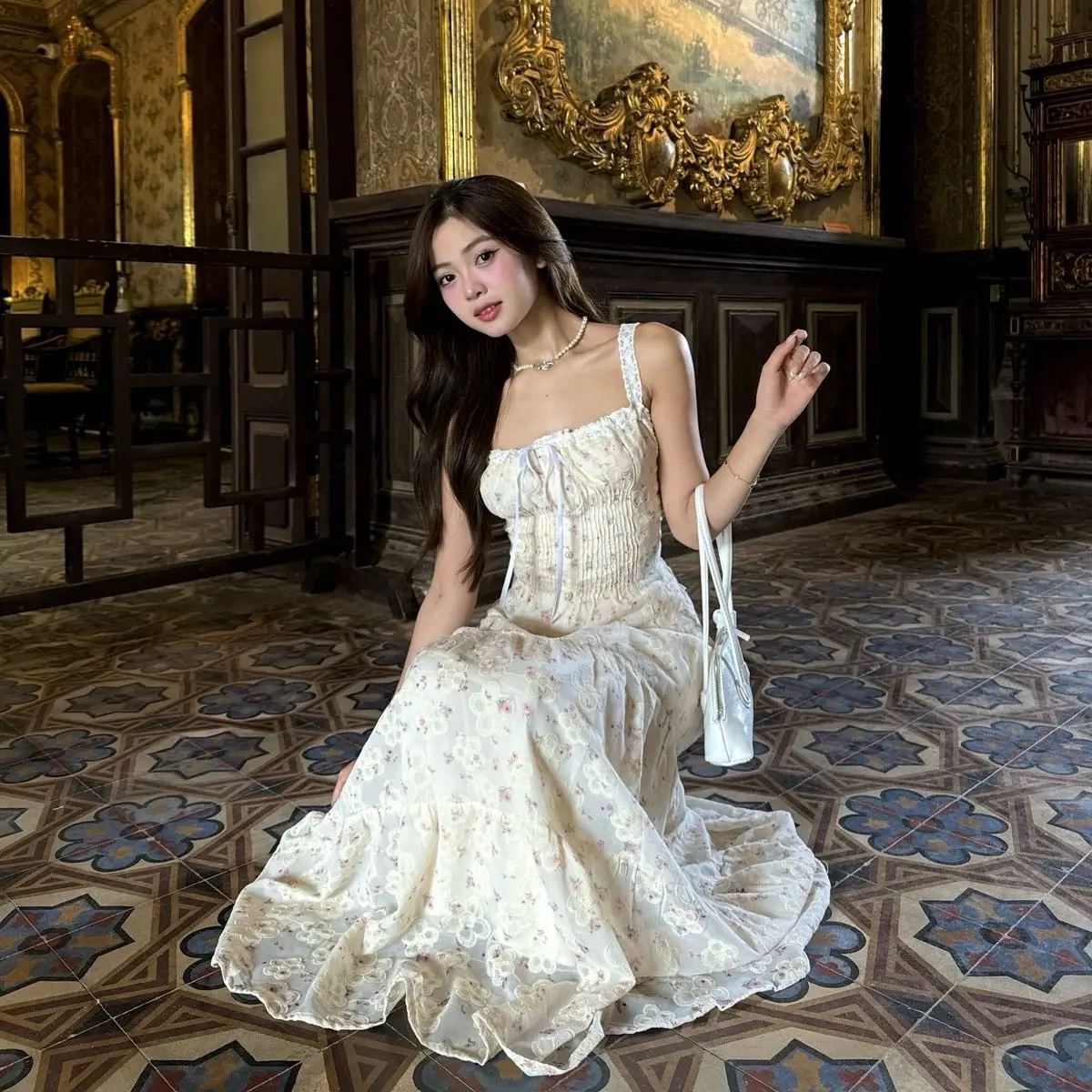 Set Váy Đầm Thiết Kế Juliette Dress Thô Thêu Dáng Dài Vintage, Áo Dây Coquette, Hoạ Tiết Hoa Thêu Nổi_ Thảnh Thơi Design Nữ Women
