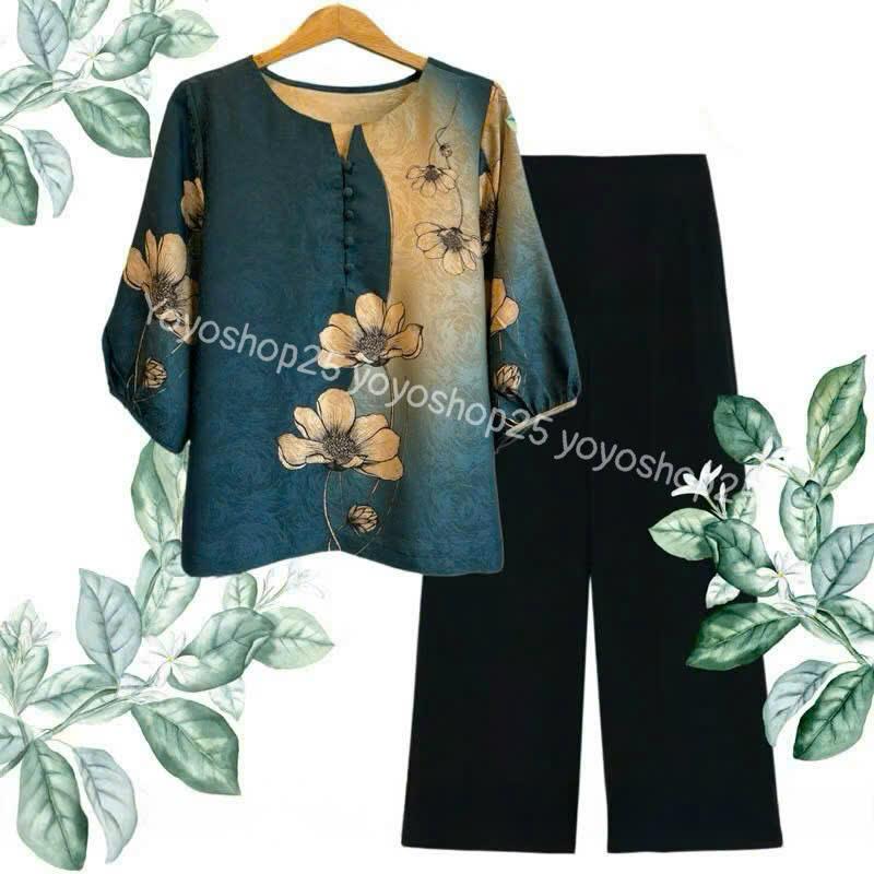 Đồ Bộ Trung Niên Bộ Thời thượng sang trọng cho Mẹ cho bà Chất áo Lụa Gấm Cao Cấp kết hợp quần lụa mango dày dặn Aó tay lỡ quần dài ống rộng YOYO G02