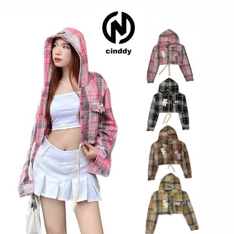Áo Sơ Mi Croptop Flannel Có Nón CINDDY BRAND Kẻ Sọc Phối Nơ Với Gấu Hottrend 2024 CT04 Voi Nữ Nhung Shirt Tim áo khoác hoodie  peaceful hoodie zip  whose