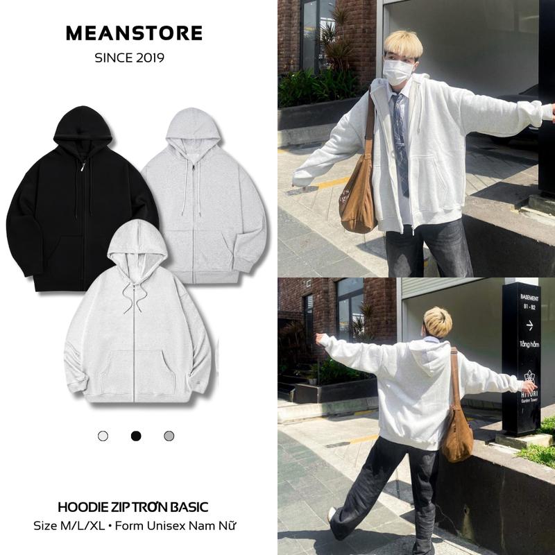 Áo Khoác Nỉ Trơn Meanstore Áo Hoodie Zip nỉ lót lông nhung và lót bông, local brand unisex form rộng big size màu đen, xám tiêu