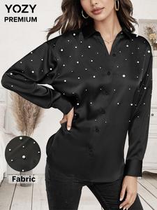 YOZY Women's Faux Pearl Decor Button Front Shirt, Elegant Drop Shoulder Long Sleeve Top for Daily Wear, Ladies Clothes for All Seasons