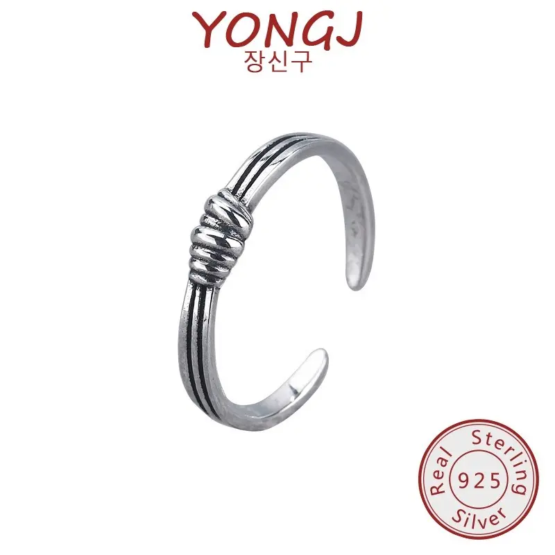 YONGJ 925 Silver Japan Korean Style Woven Simple Couple Retro Twist Knotted Open Ring