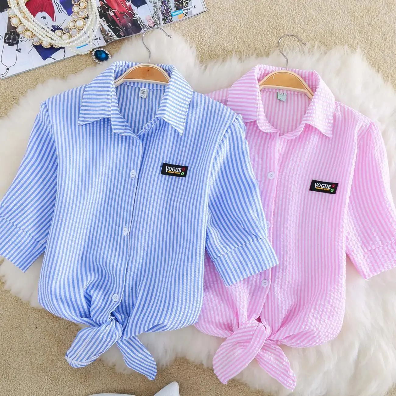 Áo Sơ Mi Voan ngắn Tay, Dành Cho Nữ Sinh, Phong Cách Preppy Sọc, Dễ Phối Đồ, Hàng Mới Về Mùa Xuân / Mùa Hè 2025, Ngoại Cỡ, Áo Thun Thắt Nơ