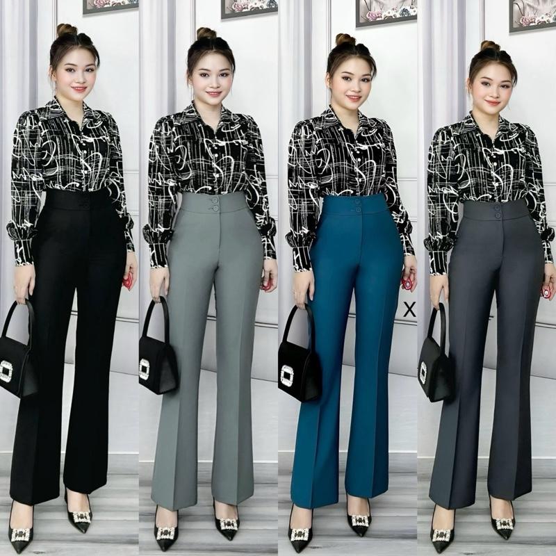 Quần ống loe cao cấp cạp cao 2 cúc chất liệu cotton lạnh Hàn ống 24cm chiều dài 97-98cm dành cho người cao 1m60 trở xuống