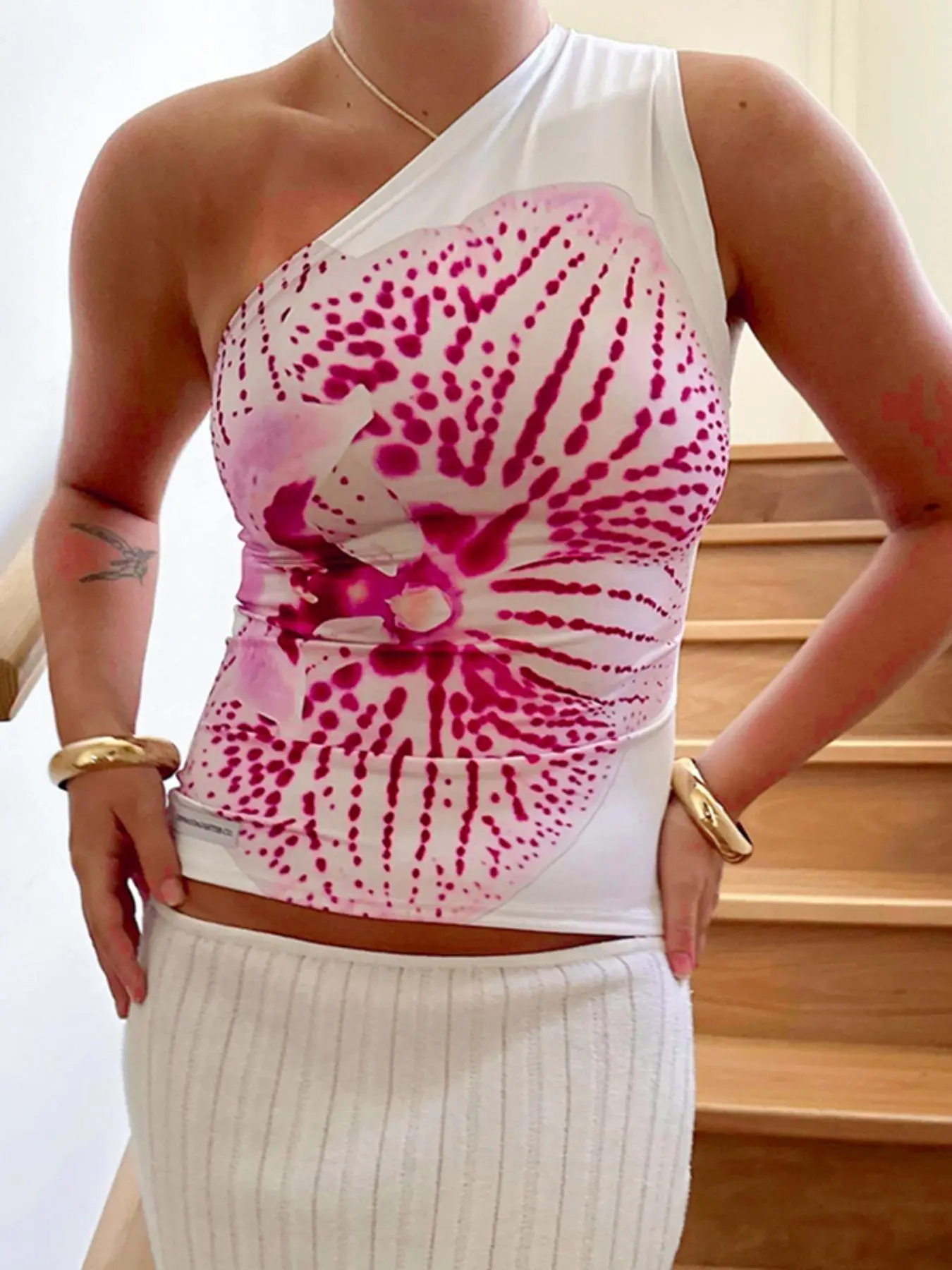 Women's Floral Print One Shoulder Tank Top, Summer Outfits 2024, Casual Sleeveless Top for Summer, Ladies Clothes for Beach Holiday Vacation
