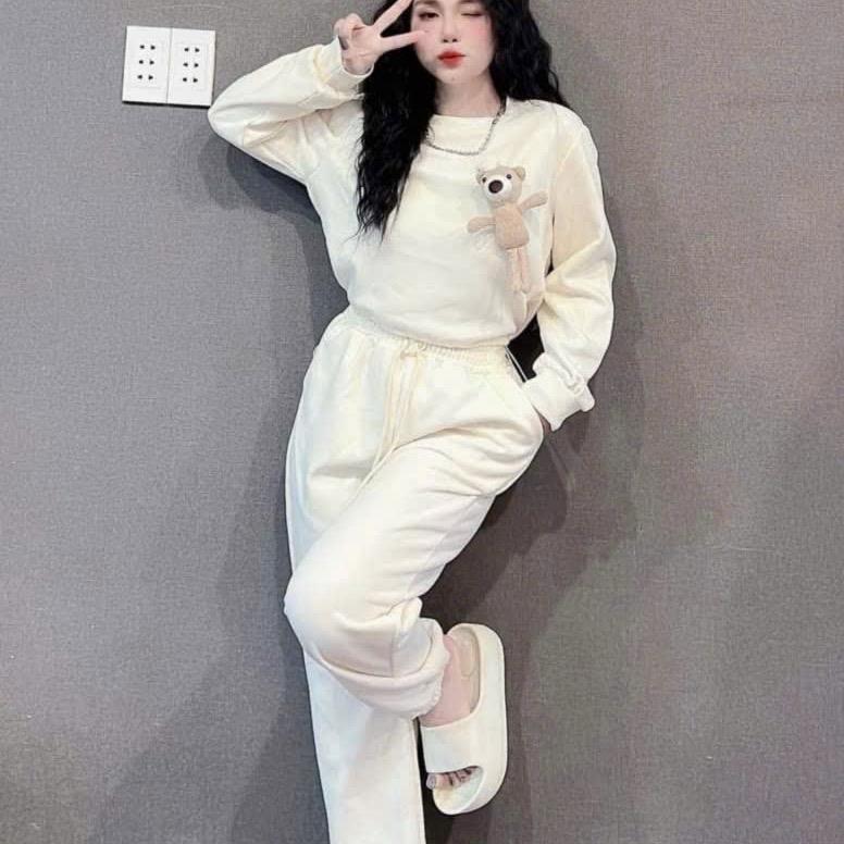 Sét bộ nỉ bông nữ năng động trẻ trung ( tặng kèm phụ kiện gấu ) Áo Women Nâu Kem Top Tre Top Tre Top Tre 0