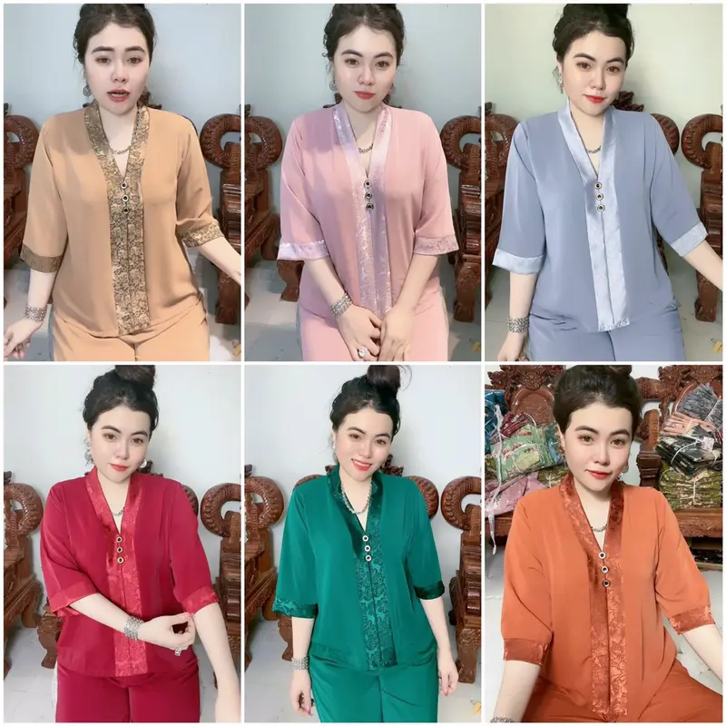 Bộ bài lai MÀU LỤA PHỐI GẤM, tay lỡ quần dài, bộ gồm áo và quần, thiết kế sang trọng cho các chị, các mẹ. 0