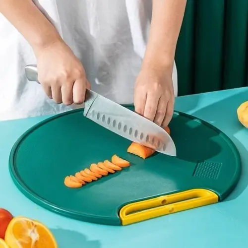Telenan Bulat Anti Jamur 2in1 / Alas Tatakan Pemotong Daging Ikan Buah Sayuran Roti / Cutting Board Anti Bacteria Anti Slip / Papan Talenan Bahan PE Dengan Pegangan Putar Serbaguna Lebar