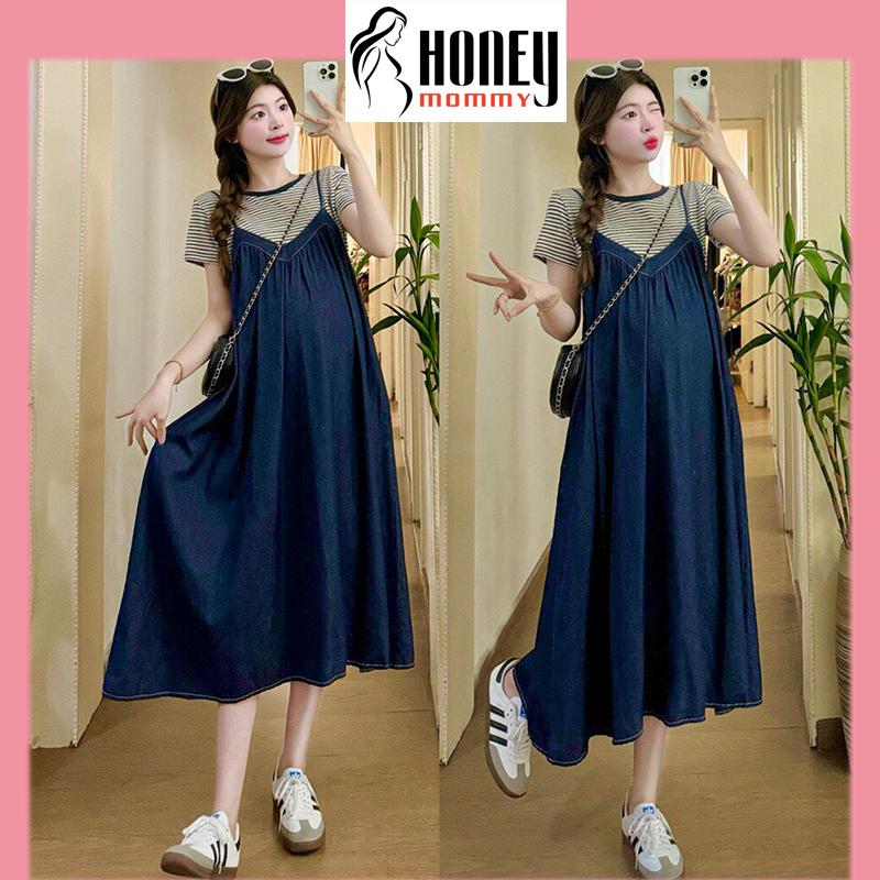 Set Đầm Bầu Váy Bầu Hai Dây Chất Liệu Bò Giấy Kèm Áo Kẻ Tay Cộc Mùa Hè Đi Làm Đi Chơi HT2601 Honey Mommy Váy Nữ Women Dress