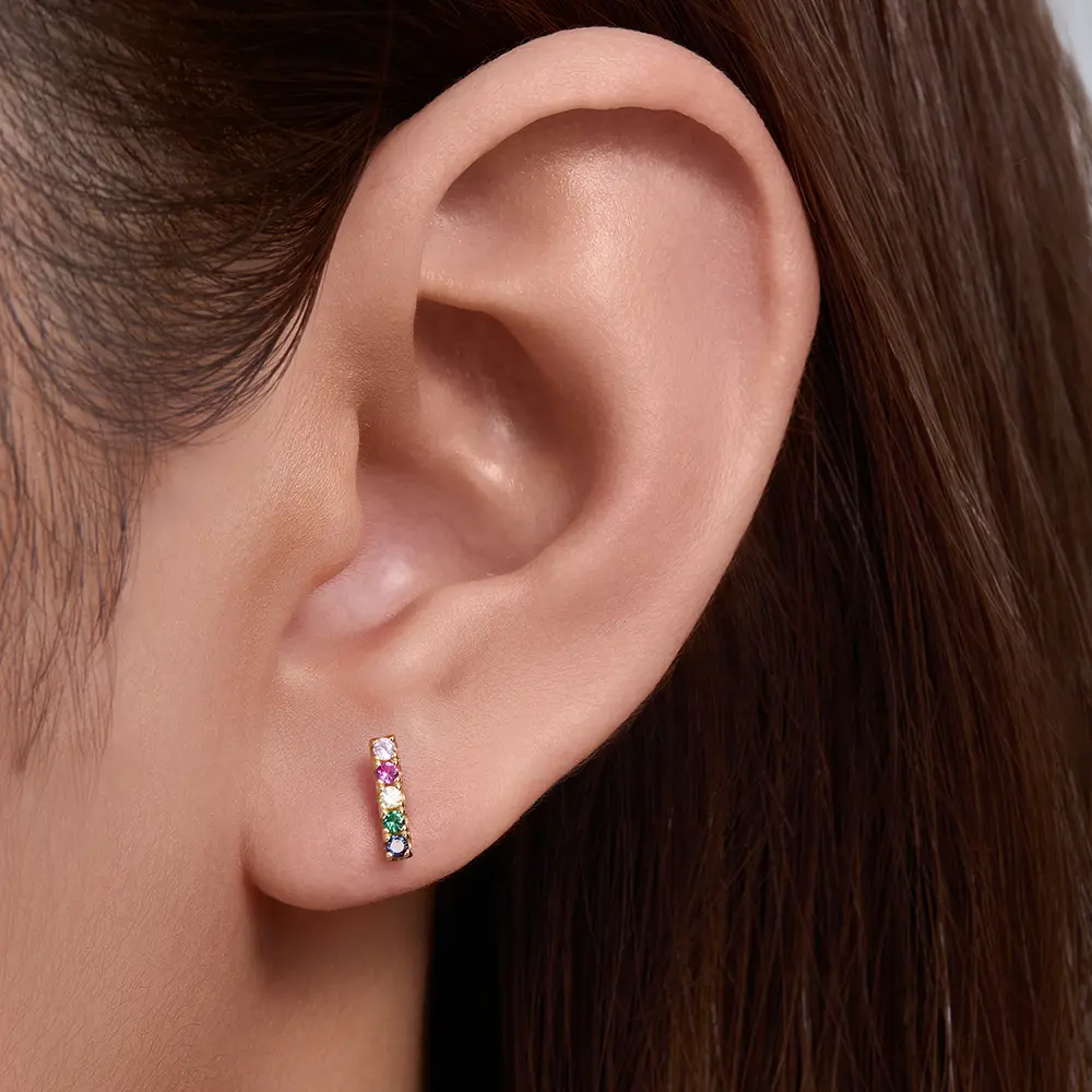 Fashion Designer Inspired Pure 925 Silver Petite Multi Color Zirconia Rainbow Cz Stones Bar Diamond Stud earrings