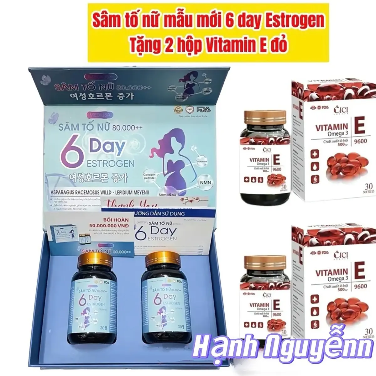 ( Tặng 2 hộp Vitamin E -60 viên) Viên uống sâm tố nữ 6 Day Estrogen cao cấp (hộp 2 lọ, 60 viên) - Hô trợ cải thiện nội tiết, đẹp da