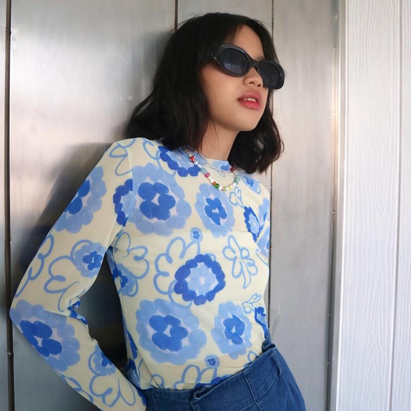 House of KYNY  - Ethereal Blue Mesh Top - Atasan Wanita Print Shirt Motif - Outfit Konser 3