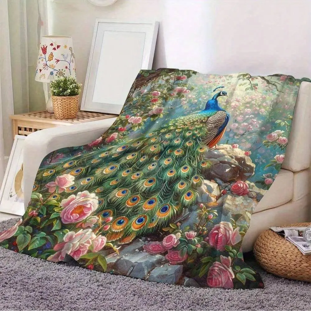 Peacock & Rose Pattern Blanket, 1 Count Soft Warm Throw Blanket, Air-conditioned Room Blanket, Warm Nap Blanket for Home & Office