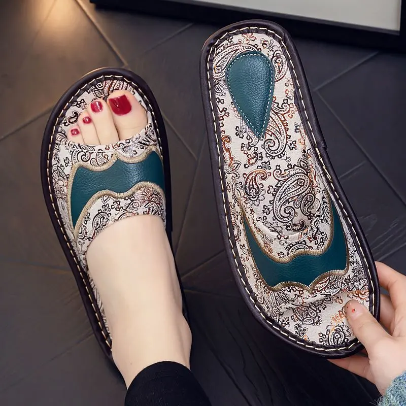 European Print Leather Slippers Female Summer Non-Slip