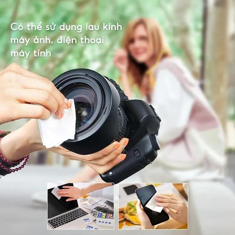 [Mẫu Mới] Hộp 100 Khăn lau kính nano chống bám hơi nước, Giấy lau kính mắt,máy ảnh chống sương mù mồ hôi tiện lợi Cao Su Giày khan lau 6