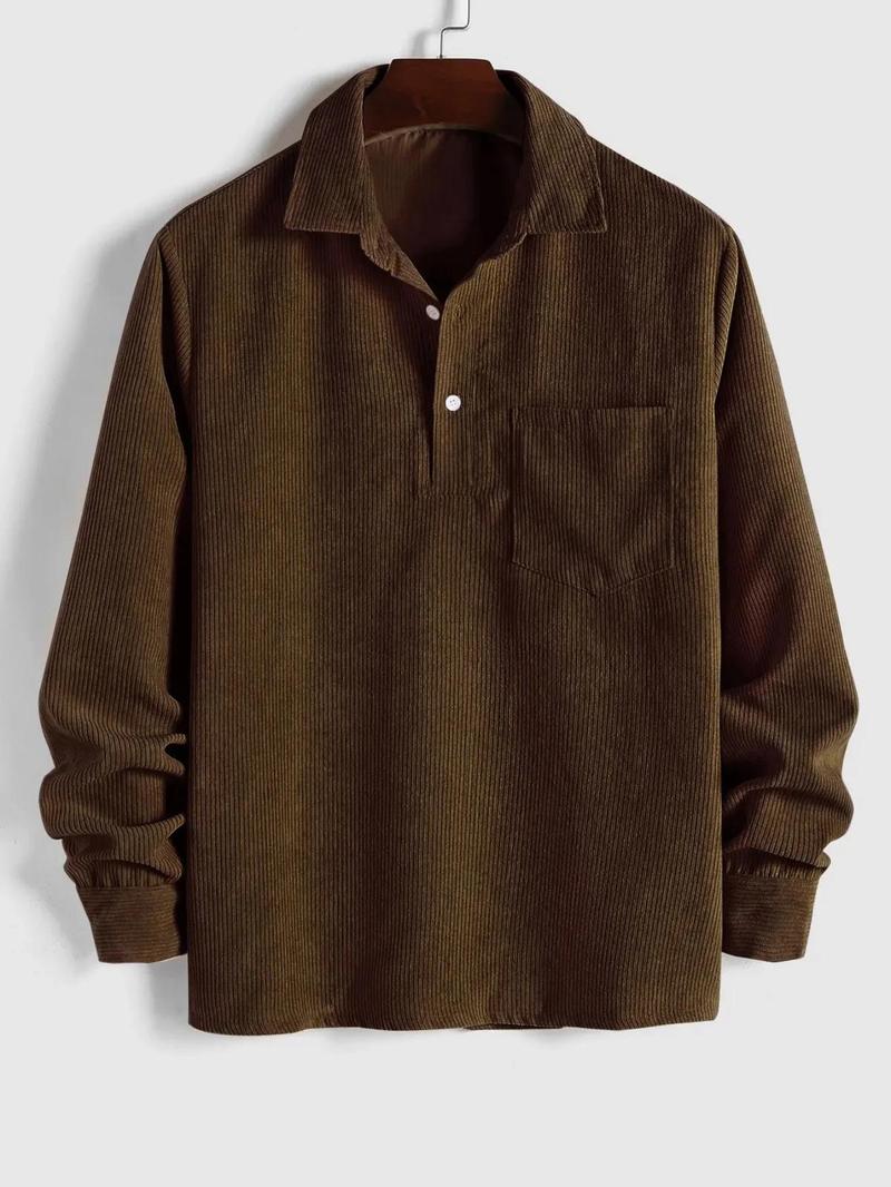 Product Introduction of Men's Solid Half Button Corduroy Shirt, Regular Fit Casual Long Sleeve Collared Top for Fall & Winter, Men's Clothes for Daily Wear, Clothing 14