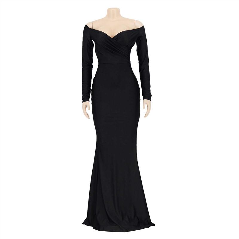 Lady Evening Dress V Neck Off Shoulder Side Slit Floor Length Long Sleeves Pleated Slim Fit Maxi Dress Ball Gown Banquet Party Dress 1