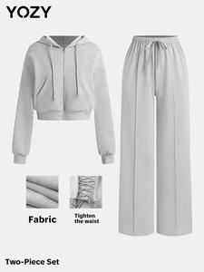 YOZY Women's Solid Drop Shoulder Zip Up Hoodie & Drawstring Waist Pants Two-Piece Set, Casual Fashion Cozy Breathable Two Piece Outfits for Daily Outdoor Wear, Ladies Clothes for All Seasons