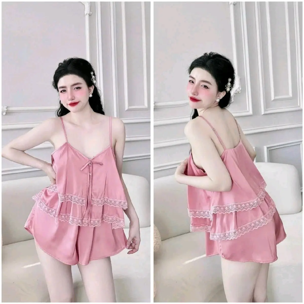 Set bộ đồ ngủ áo dây hai tầng phối ren,lụa latin tơ tằm mềm mại,mịn mát,bảng màu tôn da dễ thương dành cho nàng. Thời Trang Tuyết Nhi. Quần Ngủ Women Nữ Voi Nhung