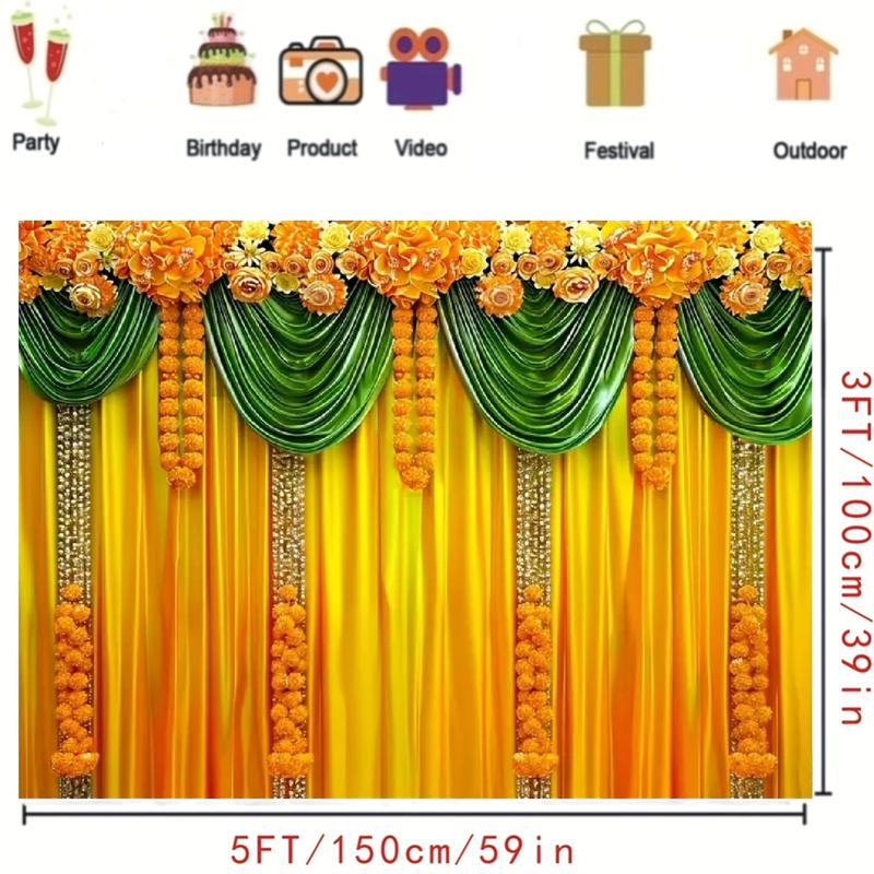 Product Introduction of 1pc Traditional Indian Marigold & Chrysanthemum Vinyl Backdrop - 5x3ft/5x7ft, Yellow & Green Curtain Design - For Hindu Weddings, Parties, Diwali Decorations - Perfect for Festive Celebrations & Events 3