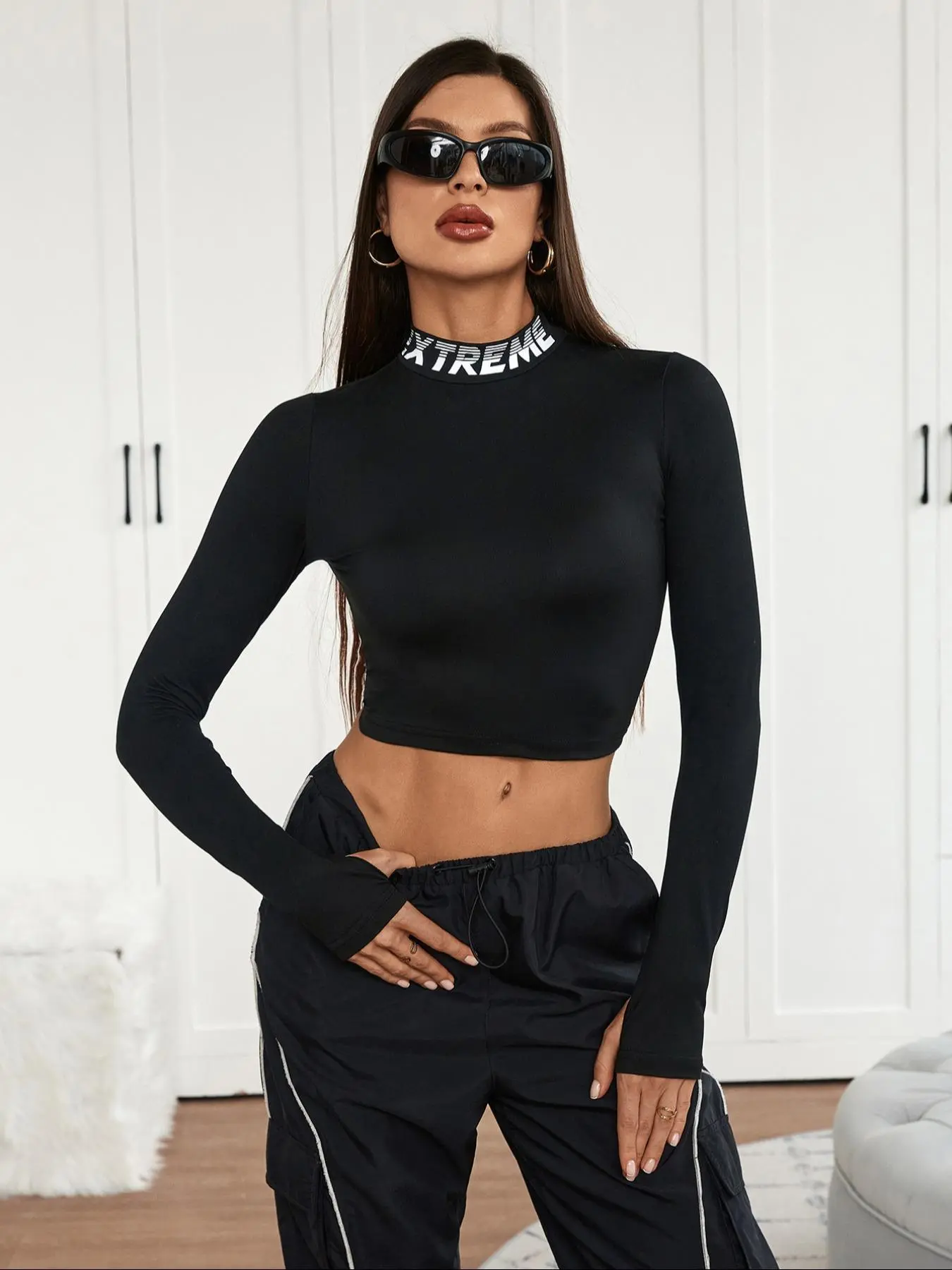 Women's Letter Print   Crop Tee, Casual Long Sleeve T-shirt for Daily Wear, Ladies Clothes for All Seasons, Top