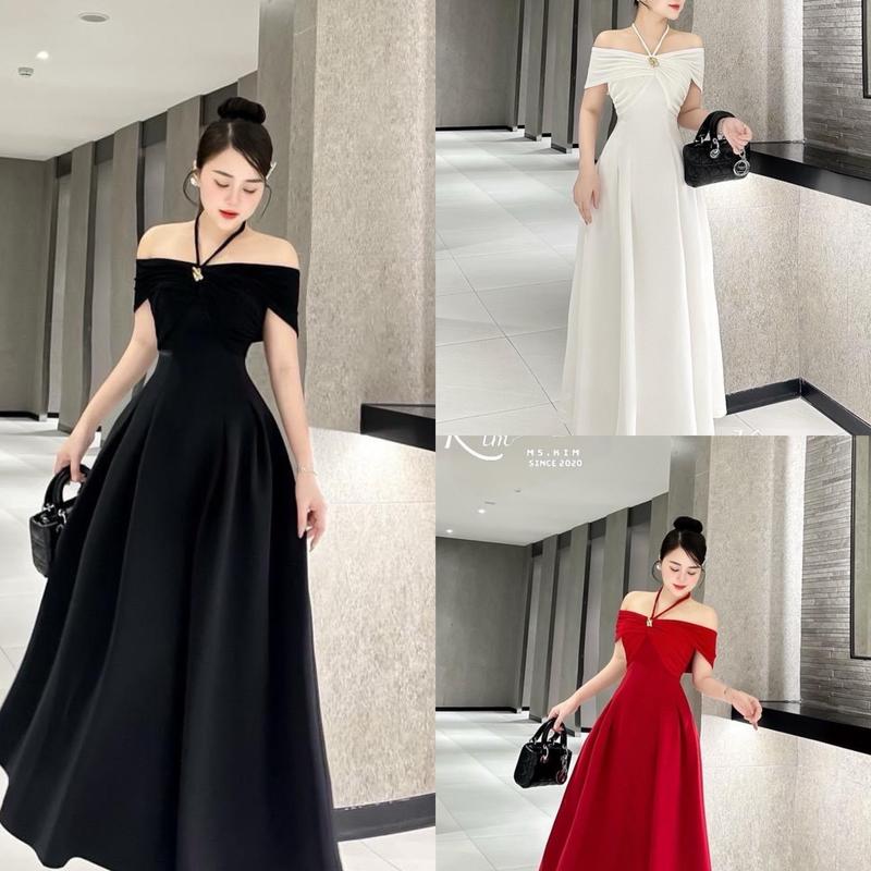 Đầm dài trễ vai chất tafta phối thun nhũ 55-90kg QUỲNH NHƯ BIGSIZE đỏ đen trắng Nữ Women