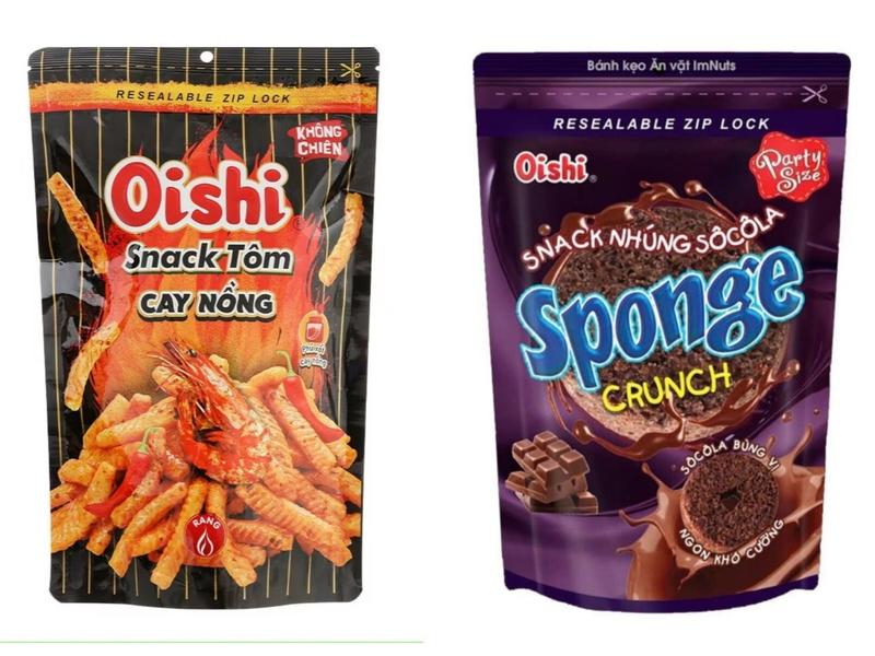 Bánh snack bim bim Oishi tôm cay nồng tôm xốt mật ong không dầu socola nhúng túi zip 70g