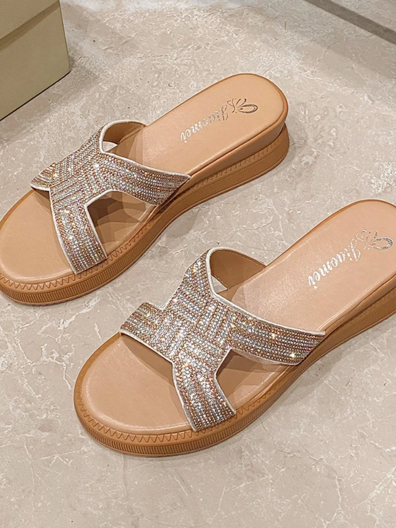 Women's Fashionable Rhinestone Decorated Slides, Casual Comfortable Flat Sandals for Summer, Lightweight Breathable Shoes for Daily Wear, Girl