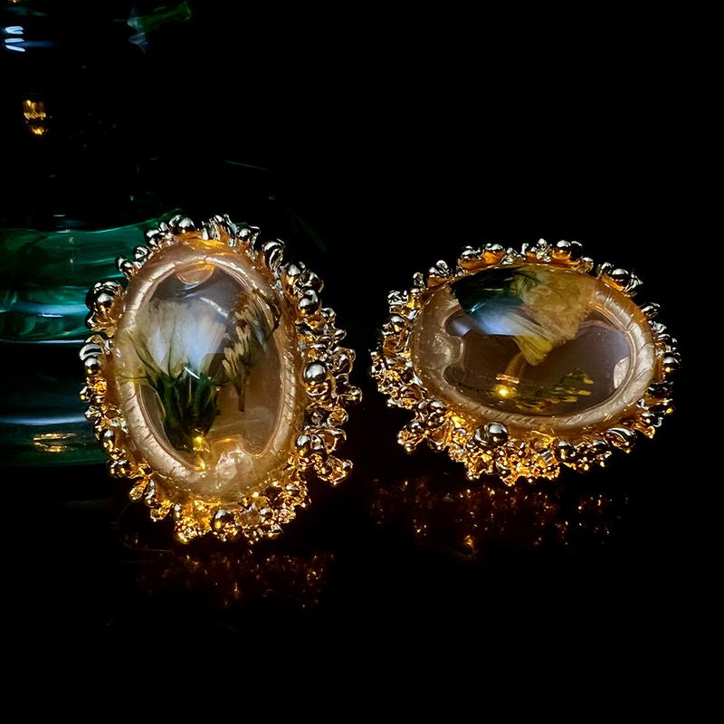 3 Pairs of French Ancient Amber Dried Flower Hot-Sale Earrings Combination Link Original Niche Gold Plated S925 High-Grade Earrings 6