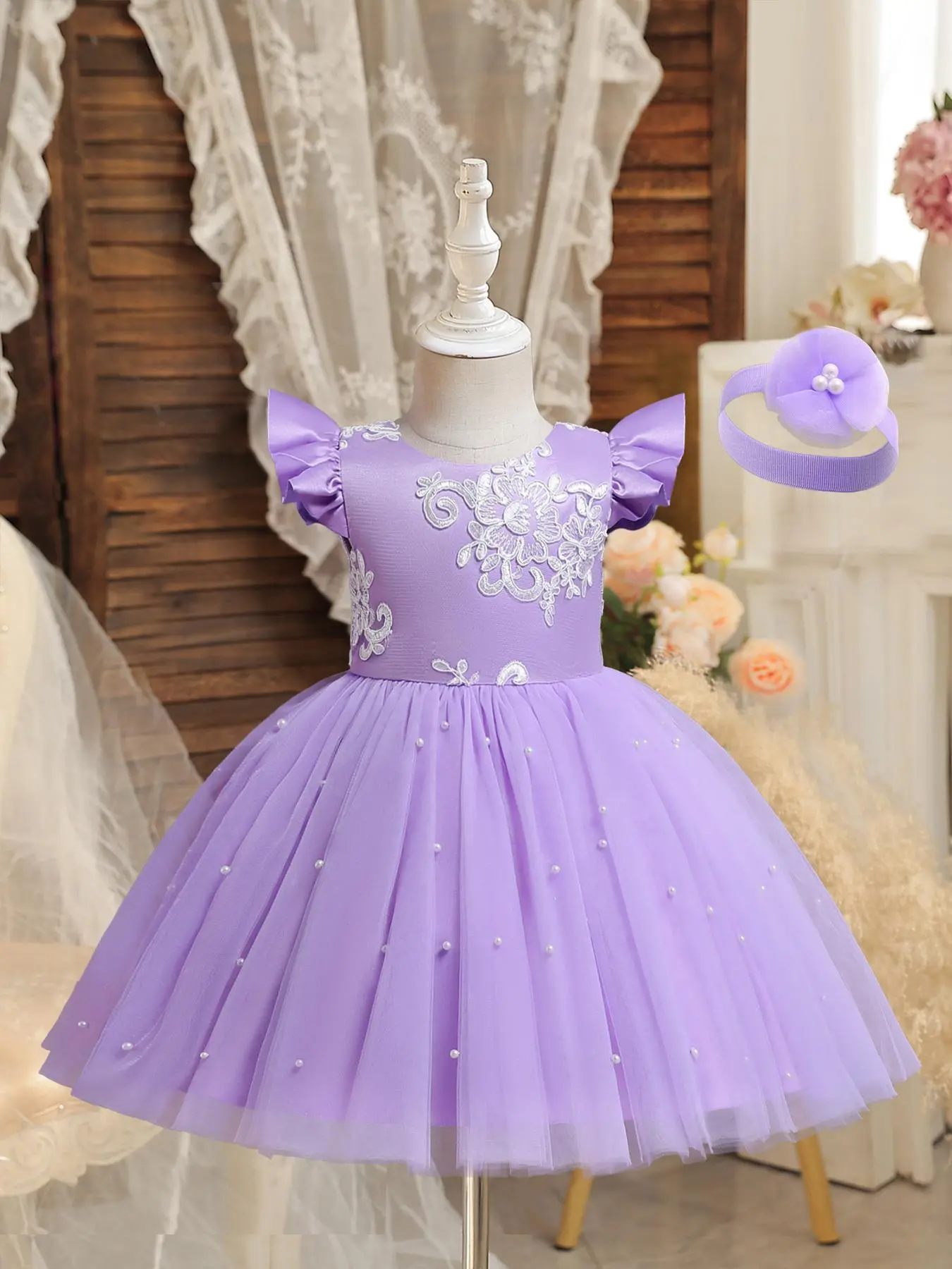 Girl's Contrast Sequin Bow Back Tulle Party Dress, Cute Butterfly Sleeve Round Neck Fit and Flare Dress for Party, Kids Tutu Clothes for Summer
