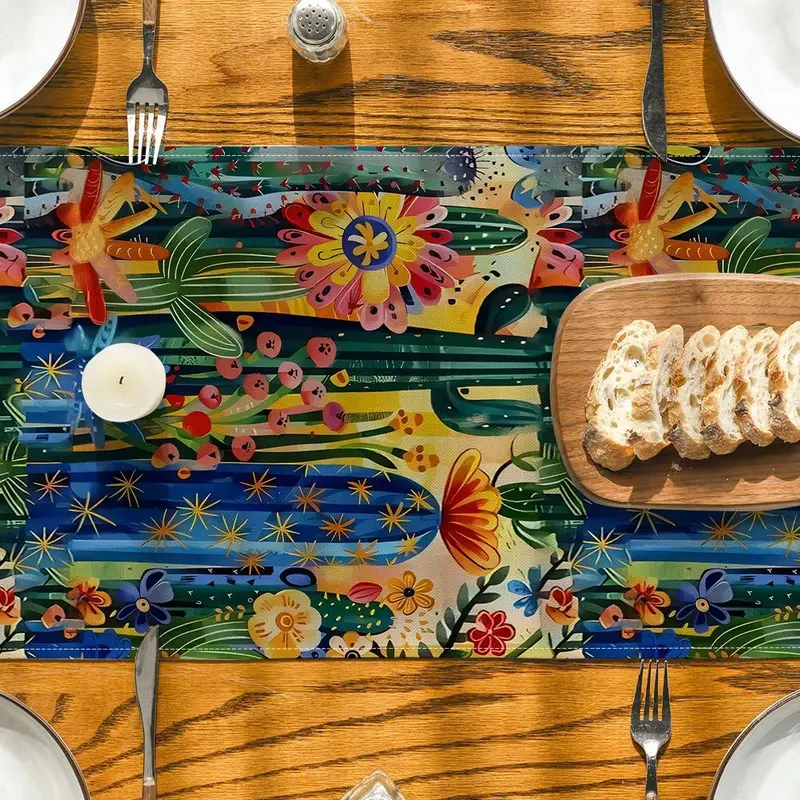 Cactus & Flower Pattern Table Runner, Colorful Table Runner, Decorative Tablecloth for Home Kitchen Dining Room, Party Decor Supplies 5