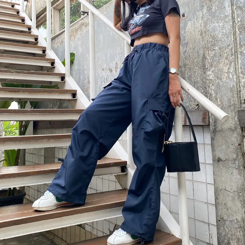 AIGO - celana cargo parasut panjang streetwear unisex Santai Karet Serut Wanita Kulot Jogger 3