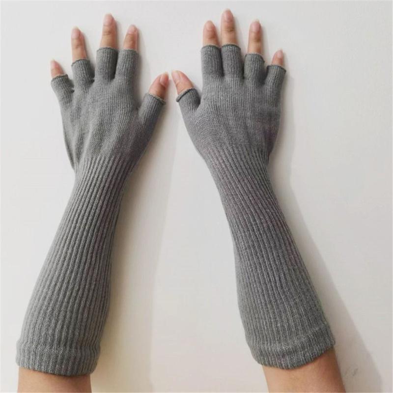 Product Introduction of Women Girls Pure Black Warm Elbow Long Work Gloves Arm Warmers Half Finger Gloves 12