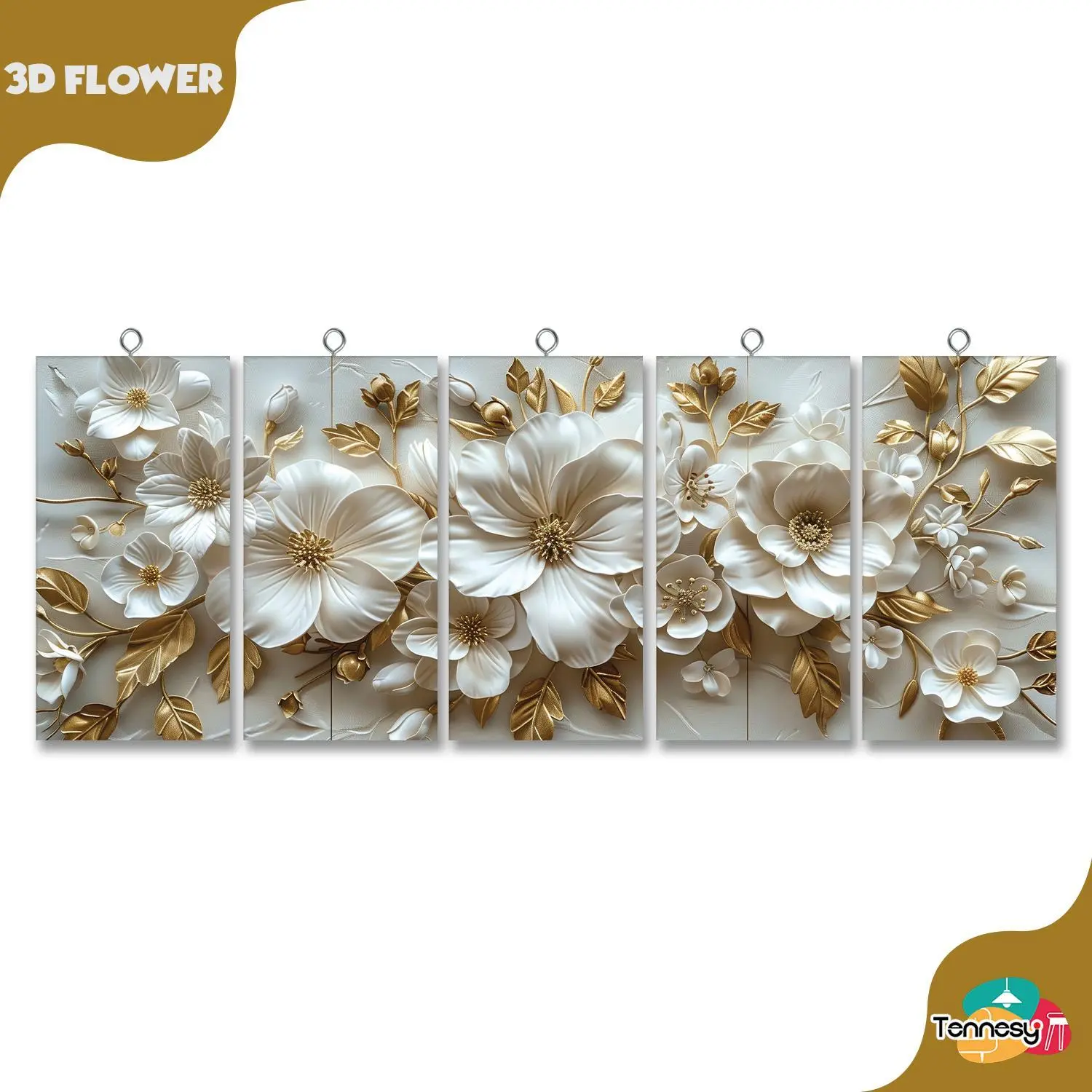 TENNESY Hiasan Dinding Bunga 1 Set 3D White Gold Flowers 75x30CM Isi 5 ...