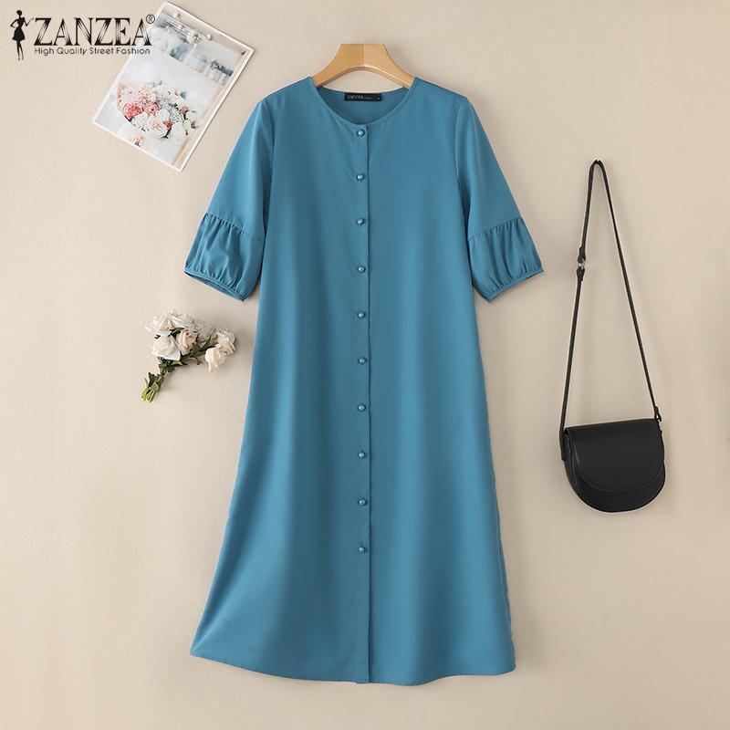 Váy Thường Ngày Cho Kỳ Nghỉ Của Phụ Nữ, ZANZEA, Tay Áo 3 / 4, Cổ Thuyền Chiều Dài Giữa Bắp Chân, Màu Trơn Váy Hàng Ngày 4