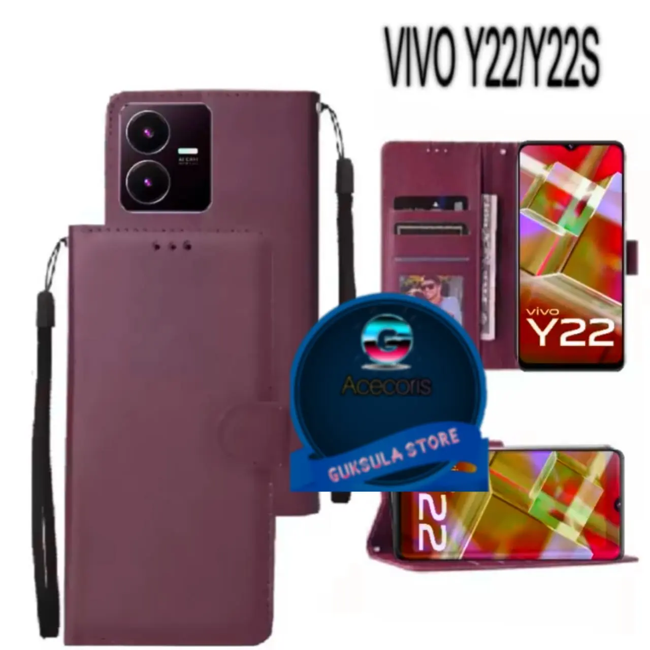 LEATHER CASE FLIP UNTUK VIVO Y22/Y22S 2022 -FLIP WALLET CASE KULIT - CASING DOMPET-FLIP COVER LEATHER-SARUNG BUKU HP Tahan air ponsel protection