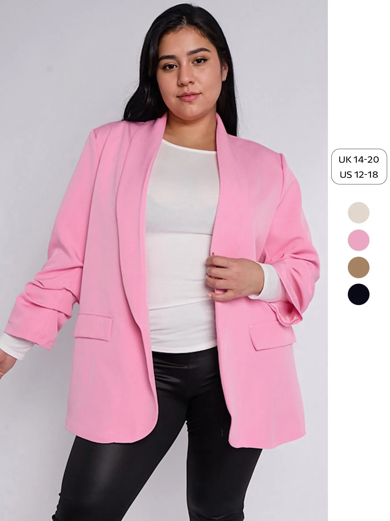 【Plus Size】 Solid Flap Pocket Open Front Blazer, Casual Long Sleeve Outerwear for Daily Wear, Women's Clothing for All Seasons, Suits