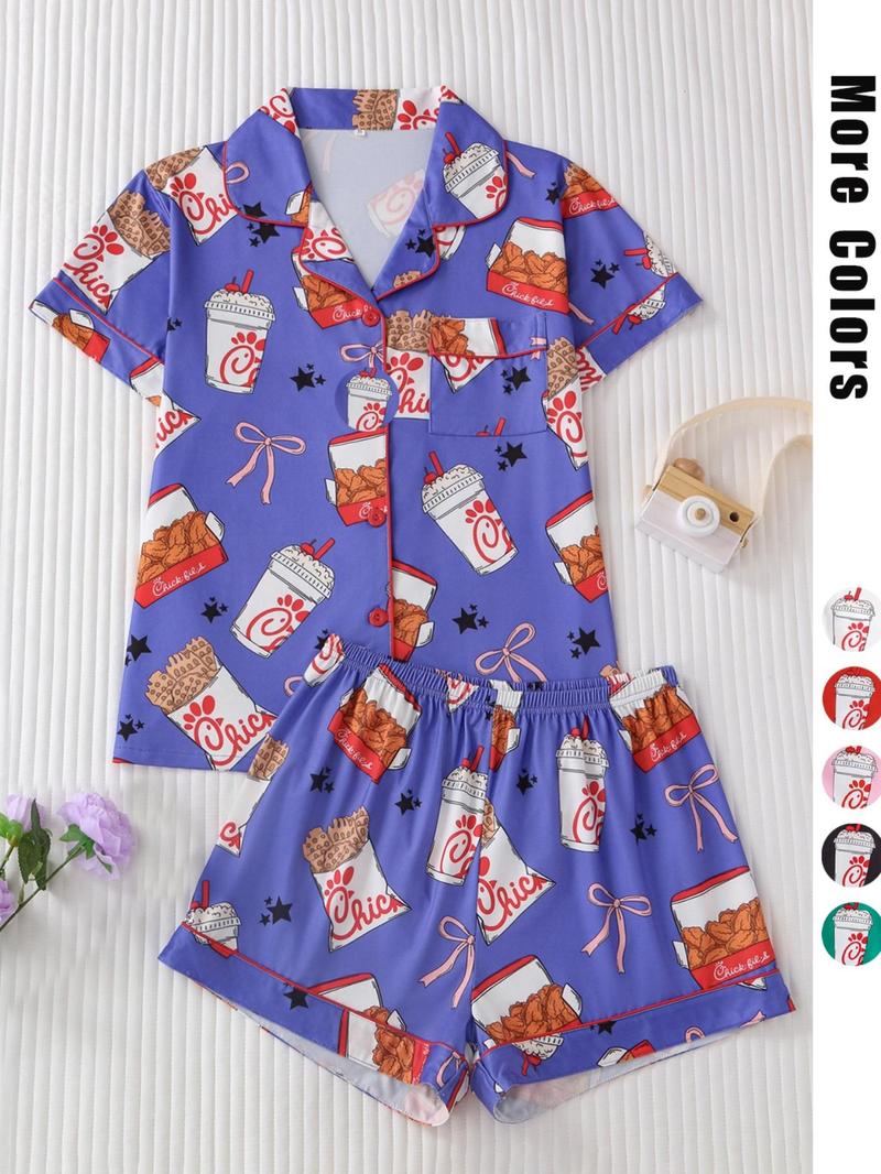Product Introduction of Women's Fried Chicken Print Shirt & Shorts Pyjama Two-piece Set, Casual Comfy Short Sleeve Collared Top & Shorts Pj Set, Ladies Sleepwear for All Seasons, Pyjamas for Women 2