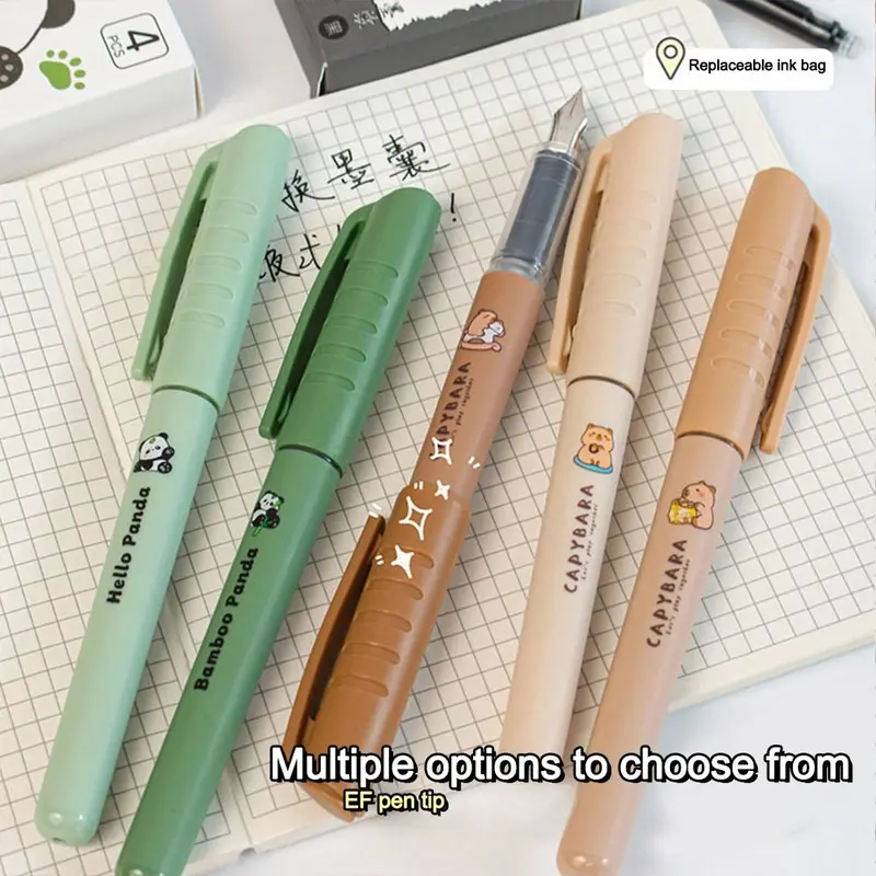 Bút Máy Capibara Đầu EF Dễ Thương, Bộ 4 Cái, Mực Có Thể Thay Thế, Mực Đen, Mực Khô Nhanh, Bút Máy Có Thể Nạp Lại Thích Hợp Để Học Tập, Đồ Trang Trí 8