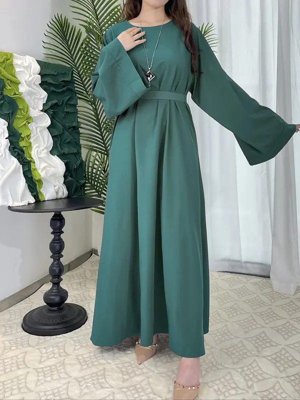 Arabic Clothing-Solid Long Sleeve Belted Tie Back Arabian Dress, Elegant Casual Long Dress for Daily Wear, Women's Islamic Clothing for All Seasons 3