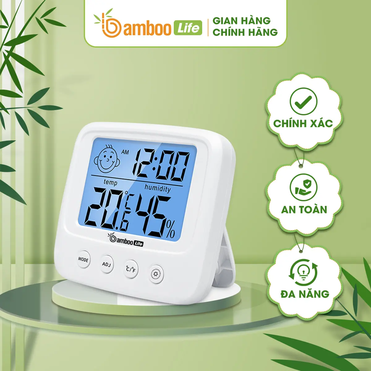 Nhiệt ẩm kế, nhiệt kế đo dộ ẩm Bamboo Life tích hợp đồng hồ nhiệt độ phòng cho bé