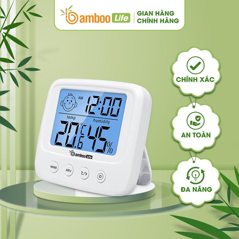 Nhiệt ẩm kế nhiệt kế đo dộ ẩm Bamboo Life tích hợp đồng hồ nhiệt độ phòng cho bé