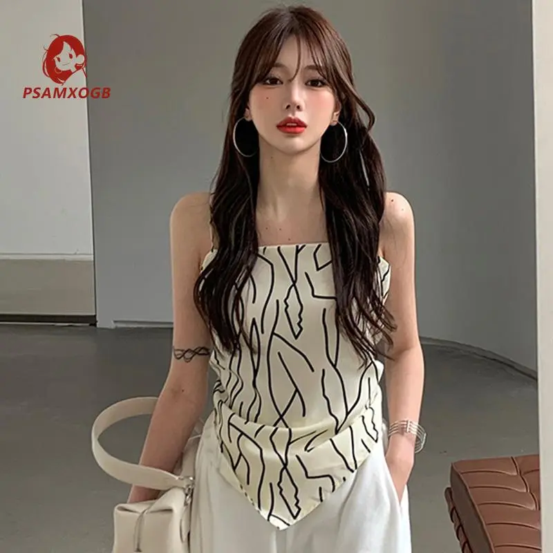 Women Irregular Hem Backless Camisole, Boat Neck Sleeveless Off-the-shoulder Tops, Black/ Beige