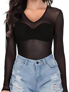 Playera de tul transparente de color sólido para mujer, moda casual de manga larga con cuello en V para uso diario y al aire libre, ropa de mujer para el verano