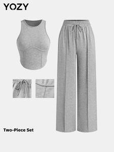 YOZY Women's Solid Asymmetrical Hem Tank Top & Drawstring Waist Pants Set, Casual Sleeveless Round Neck Top & Pocket Wide Leg Trousers, Ladies Summer Clothes, Matching Clothing Set