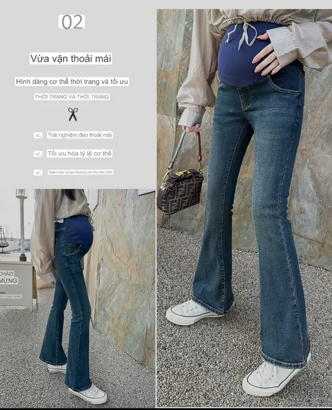 Quần jeans bầu ống loe dáng dài co dãn thoải mái cho mẹ bầu suốt thai kỳ Váy Bầu Đầm Bầu Kem Voi 3
