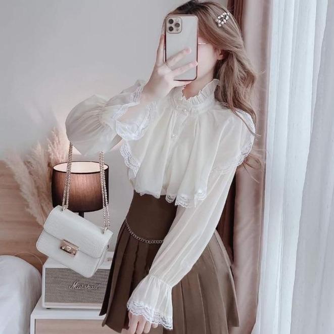 Áo sơ mi nữ kiểu tiểu thư phối ren dáng công sở bánh bèo cổ trụ dài tay bo bồng tạo kiểu chất vải voan 2 lớp - Áo sơ mi nữ tay phồng mặc đi làm đi học đẹp Top Jean