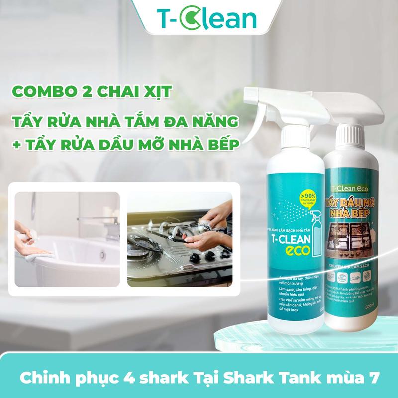[COMBO_03] [TẶNG 1 Viên VSMG + 2 Miếng Chà] Chai Xịt Tẩy Rửa Nhà Tắm Đa Năng T-Clean Eco (500ml) + Chai Xịt Tẩy Rửa Dầu Mỡ Nhà Bếp (500ml) - Làm Sạch Hiệu Quả Và An Toàn Cho Mọi Gia Đình
