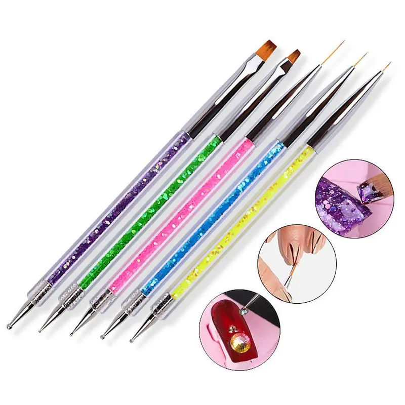 Dual-Headed Acrylic Nail Art Brush, 5 Counts Nail Art Dotting Brush, Liner, Drawing Tool for Nail Tips Designs 0