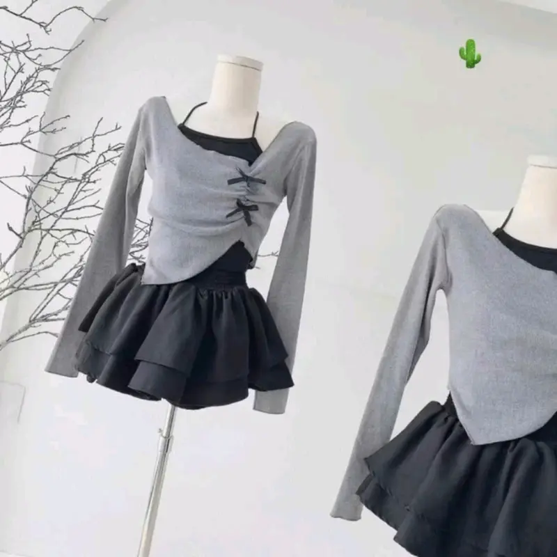 sét áo trễ vai tay dài cổ yếm phối nơ 1